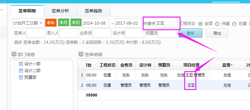 多個項目經(jīng)理、監(jiān)理，通過關(guān)鍵字篩選